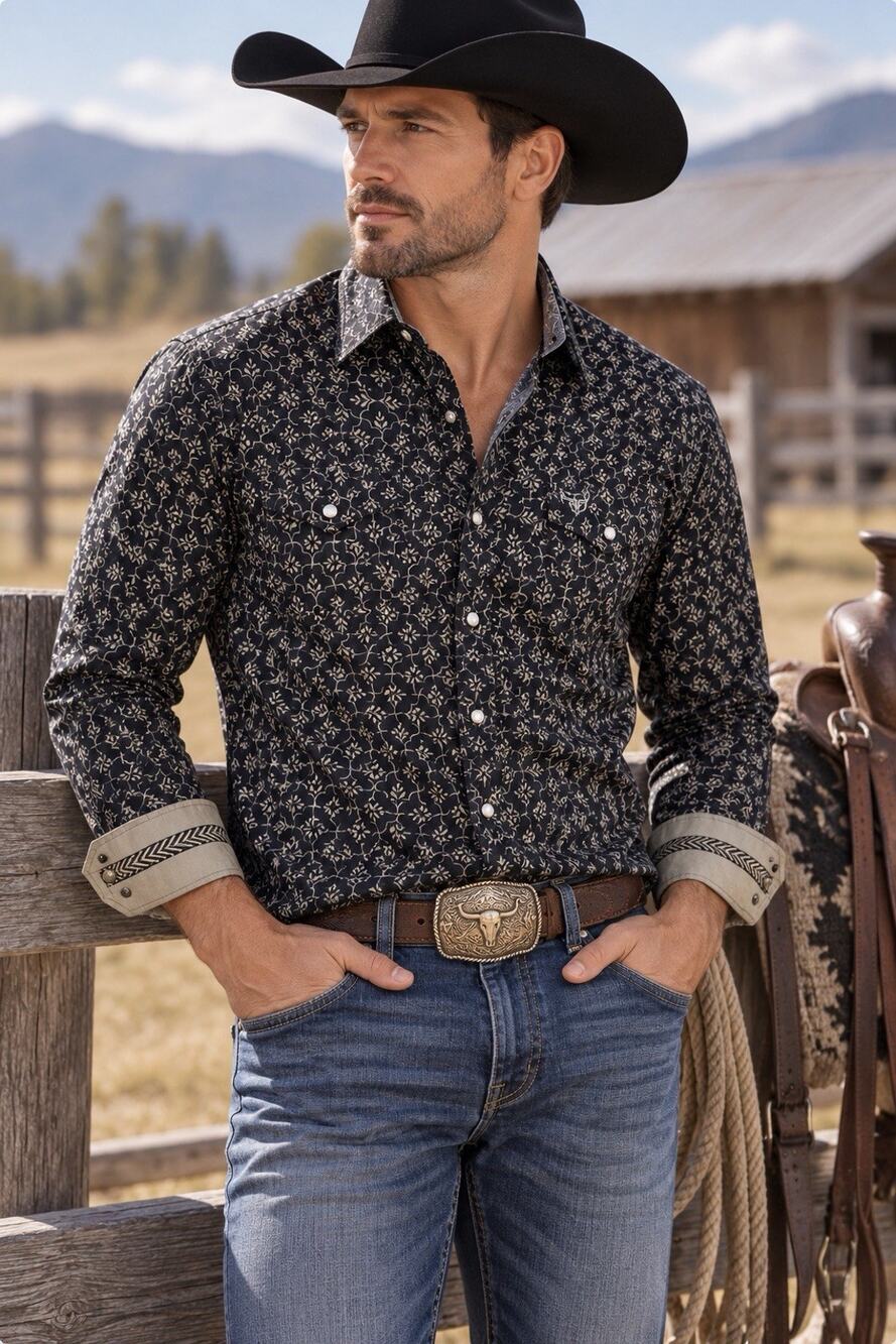 Platini Mens S Black Pearl Snap Western Shirt Cowboy Rodeo
